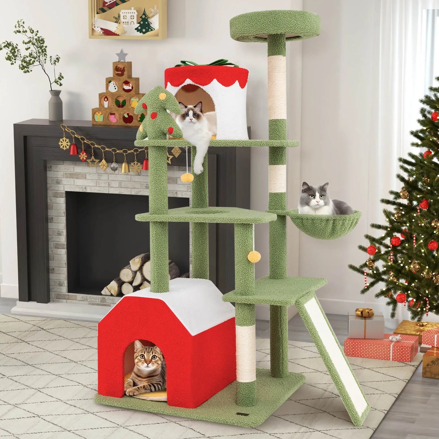 61" Tall Christmas Cat Tree w/ Sisal Scratching Posts Plush Perch & 2 Condos