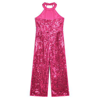 Kids Girls Jazz Dance Performance Jumpsuit Shiny Sequin Sleeveless Halter Romper Birthday Wedding Party Dancing Prom Bodysuit