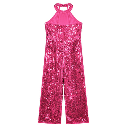 Kids Girls Jazz Dance Performance Jumpsuit Shiny Sequin Sleeveless Halter Romper Birthday Wedding Party Dancing Prom Bodysuit