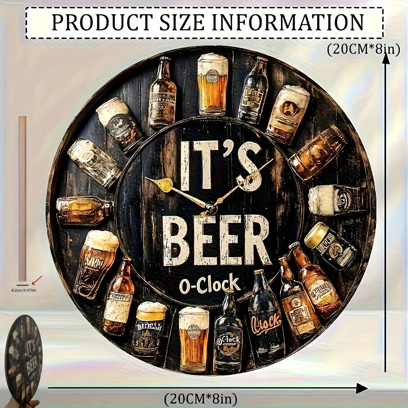 Beer O'Clock" Circular Wooden Wall Decor Sign with Beer Bottle & Glass Art - Artificial Wood Classic Home Bar Pub for
