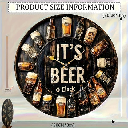 Beer O'Clock" Circular Wooden Wall Decor Sign with Beer Bottle & Glass Art - Artificial Wood Classic Home Bar Pub for