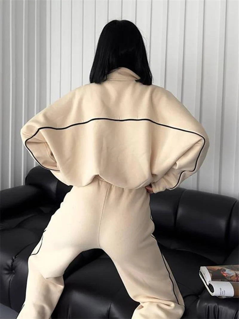 Sweatshirt Two-piece Suit Women's Oversize Striped Casual Sports Sets Zipper-up Short Jacket Straight Trousers 2-piece Sets