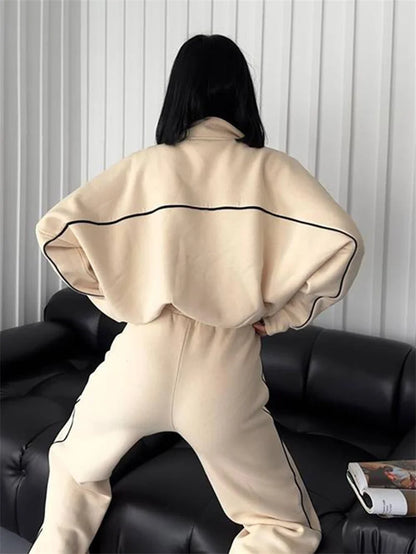 Sweatshirt Two-piece Suit Women's Oversize Striped Casual Sports Sets Zipper-up Short Jacket Straight Trousers 2-piece Sets