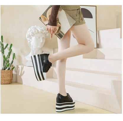 Fujin 12cm Genuine Leather Synthetic Women Autumn Spring Platform Wedge Women Fashion Sneakers Chunky Shoes Vulcanize Skateboard