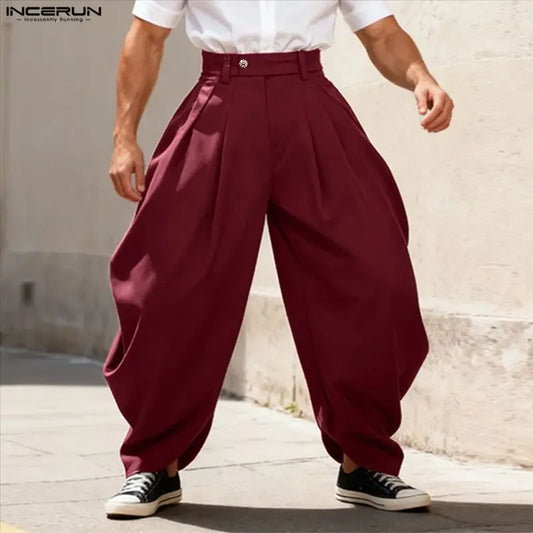 Men Pants Solid Color Button Pleated Casual Wide Leg Trousers Men Streetwear INCERUN Baggy 2026 Fashion Male Long Pants S-5XL