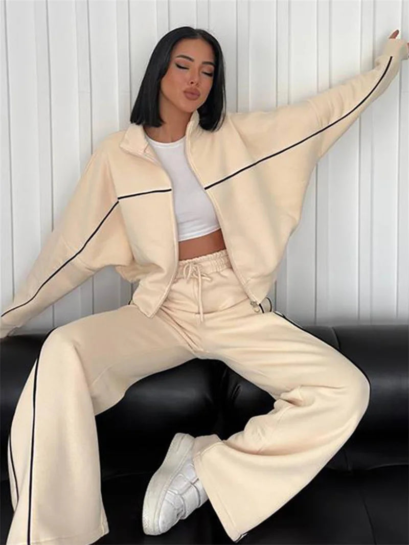 Sweatshirt Two-piece Suit Women's Oversize Striped Casual Sports Sets Zipper-up Short Jacket Straight Trousers 2-piece Sets
