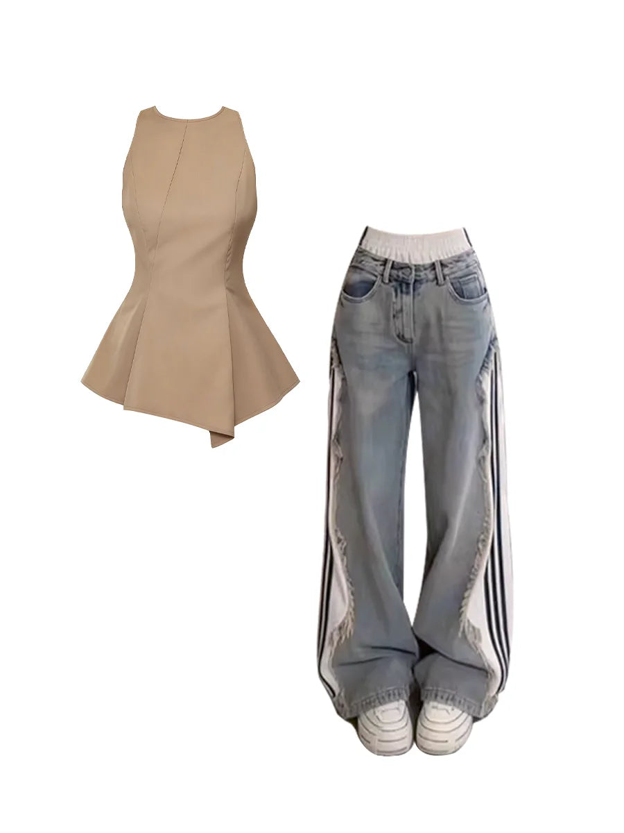 Parkyeon Women's Sleeveless Vest Top Summer Casual Wear with Jeans Set Waist-Cinching Design Comfortable Loose Fit Fashionable