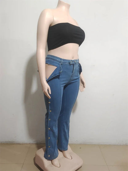 Streetwear Denim Trousers Fall Clothing Women Double Side Button Up Straight Jeans Pants Cowboy Denim Pant Jean Trousers Bottoms