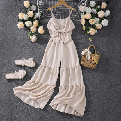 2025 Kids Girl Apricot Jumpsuit Children Romper Summer Sling Solid Casual Vacation Cute Teen Girl Clothing Set 7 8 9 10 11 Yrs