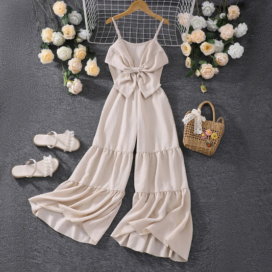 2025 Kids Girl Apricot Jumpsuit Children Romper Summer Sling Solid Casual Vacation Cute Teen Girl Clothing Set 7 8 9 10 11 Yrs
