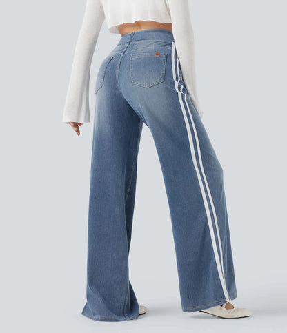 Retro Washed Blue Side Stripe Jeans Women's Y2K High Street Loose Wide Leg Pants Casual Comfortable High Waist Denim Jeans