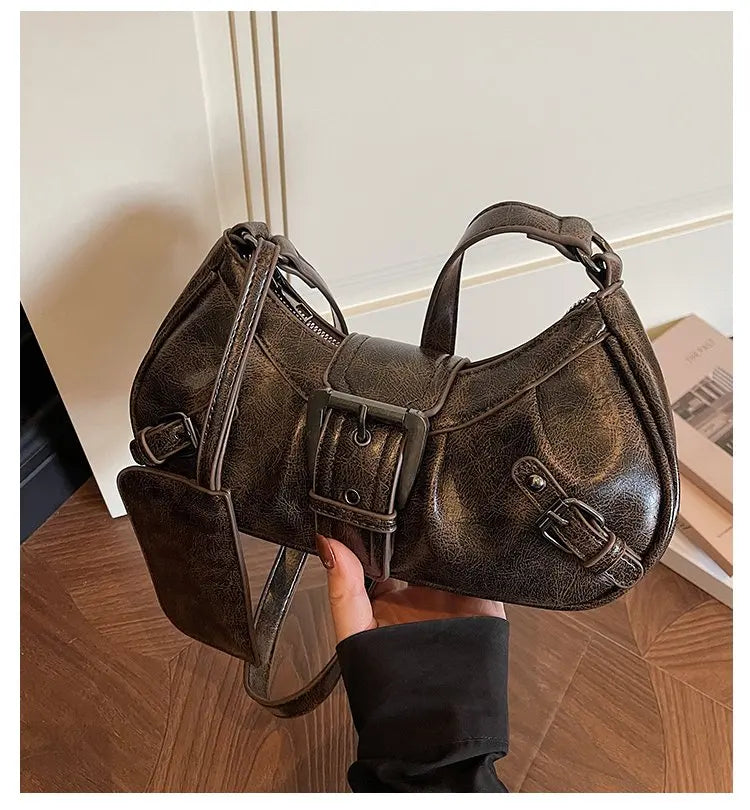 Shoulder Bags Y2K Retro Style Shoulder Bag, Maillard Pleated Rivet Armpit Bag, Fashionable Ladies Cool Leather Shoulder Bag