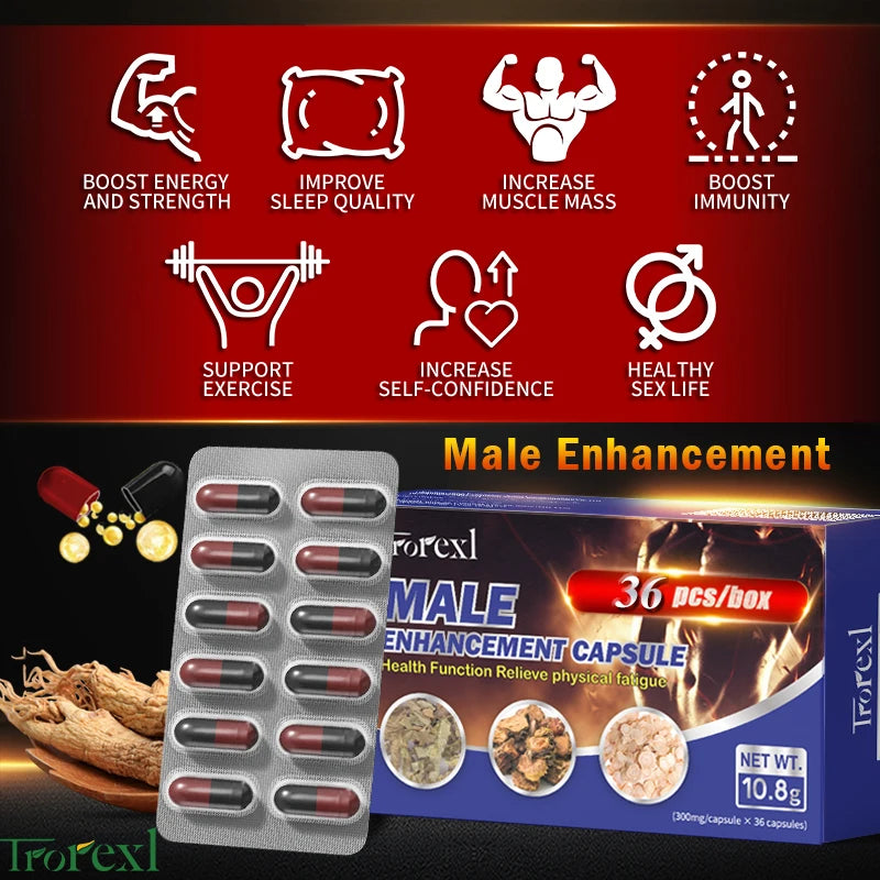 Powerful High Purity Epimedium Supplements Natural Organic Manhood Erection Pill Improve Performance and Increase Size -36 capsules per box