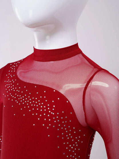 Kids Girls Ballet Dance Gymnastics Leotard Figure Skating Acrobatics Yoga Bodysuit Long Sleeve Shiny Rhinestone Mesh Jumpsuit