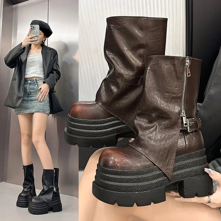 NEW Women's Leather Ankle Boots 10CM Heels Chunky Platform Combat Boots Non Slip Motorcycle Shoes Woman Punk Boots