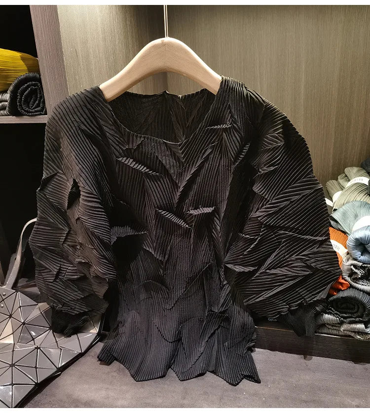 LANMREM New Batwing Sleeve Pleated Women's T-shirt American Style Loose Versatile Chic Round Collar Pullover Tops 2DB6558