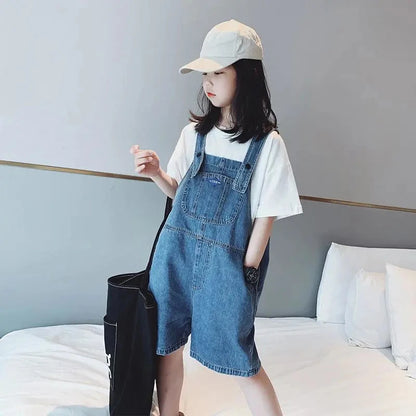 Girls' Fashionable Denim Overalls Medium Big Children's Casual Loose Denim Shorts Korean Style Baby Girl's Denim Overalls Shorts