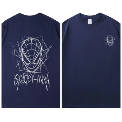 Spider Man New 2026 Back Print Graffiti Line Art T Shirt Men Women Summer Cotton Short Sleeve O Neck Oversized Black Streetwear Tops