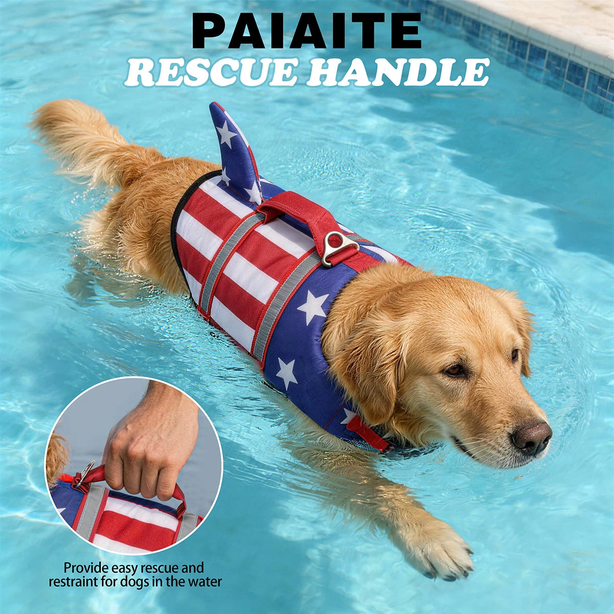 Shark US Flag Dog Life Jacket, Reflective Swim Vest with Rescue Handle, Adjustable High Buoyancy for Small Medium Large Dogs