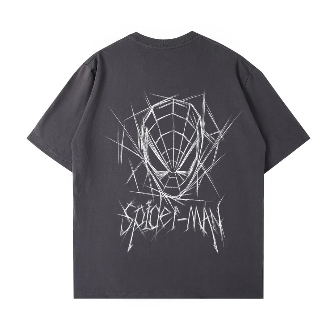 Spider Man New 2026 Back Print Graffiti Line Art T Shirt Men Women Summer Cotton Short Sleeve O Neck Oversized Black Streetwear Tops