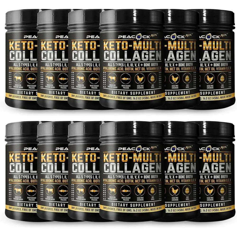Collagen Protein Powder 16.2 oz (12 Pack) - 5 Collagen Types, Bone Broth, Hydrolyzed Proteins, Biotin, MCT Oil, Unflavored, Supp