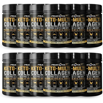 Collagen Protein Powder 16.2 oz (12 Pack) - 5 Collagen Types, Bone Broth, Hydrolyzed Proteins, Biotin, MCT Oil, Unflavored, Supp