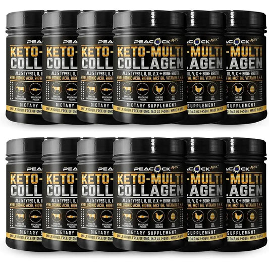 Collagen Protein Powder 16.2 oz (12 Pack) - 5 Collagen Types, Bone Broth, Hydrolyzed Proteins, Biotin, MCT Oil, Unflavored, Supp
