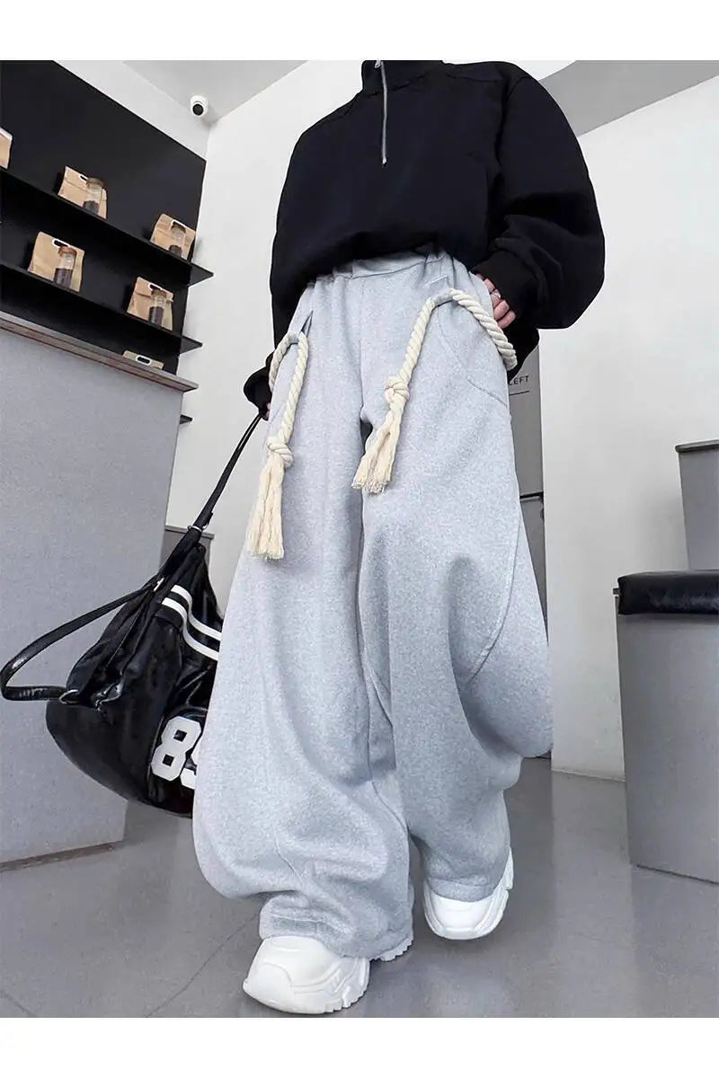 IEFB Handmade Thick Rope Design Men Women Casual Pants Solid Color Elastic Waist Sweatpants Wide Leg Male Curved Knife Trousers 9X654