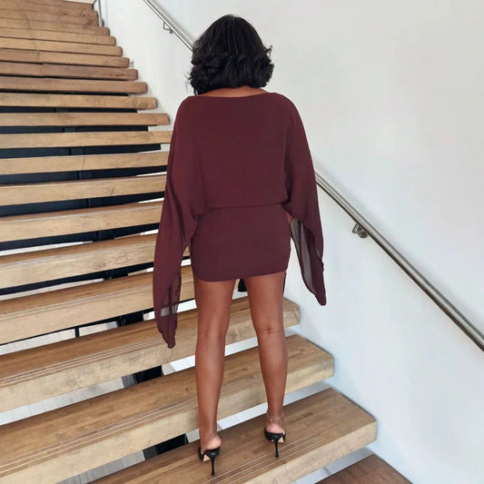 New Wine Red Off Shoulder Cape Style Short Dress for Women's Fashion Evening Dress Party Dress Summer Fall Temperament Beach Vacation
