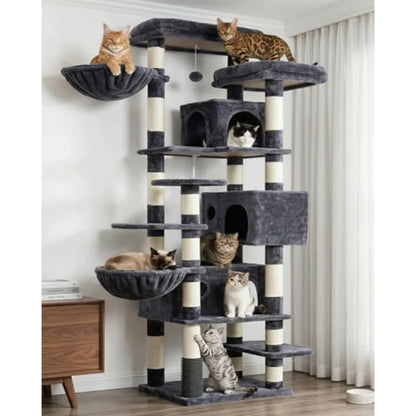 Cat Tree 74 inches Multi-Level XL Large Cat Tower for Indoor Cats with Three Cat Condos Two Large Top Decks and Cat Hairbrush f