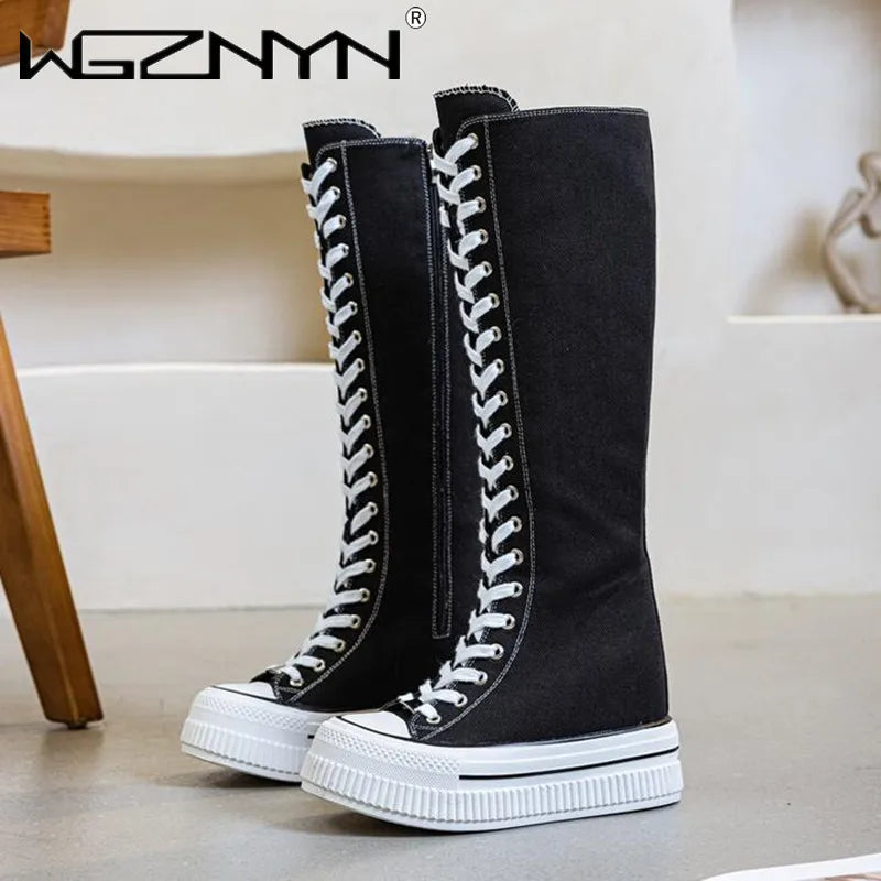 NEW Luxury Platform Boots Women Canvas Casual High Top Shoes Long Boot Lace-Up Zipper Comfortable Flat Sneakers Tenis Feminino