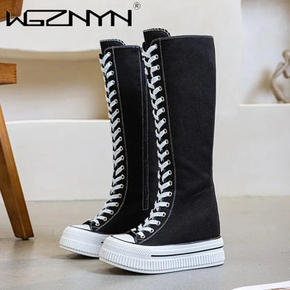 NEW Luxury Platform Boots Women Canvas Casual High Top Shoes Long Boot Lace-Up Zipper Comfortable Flat Sneakers Tenis Feminino