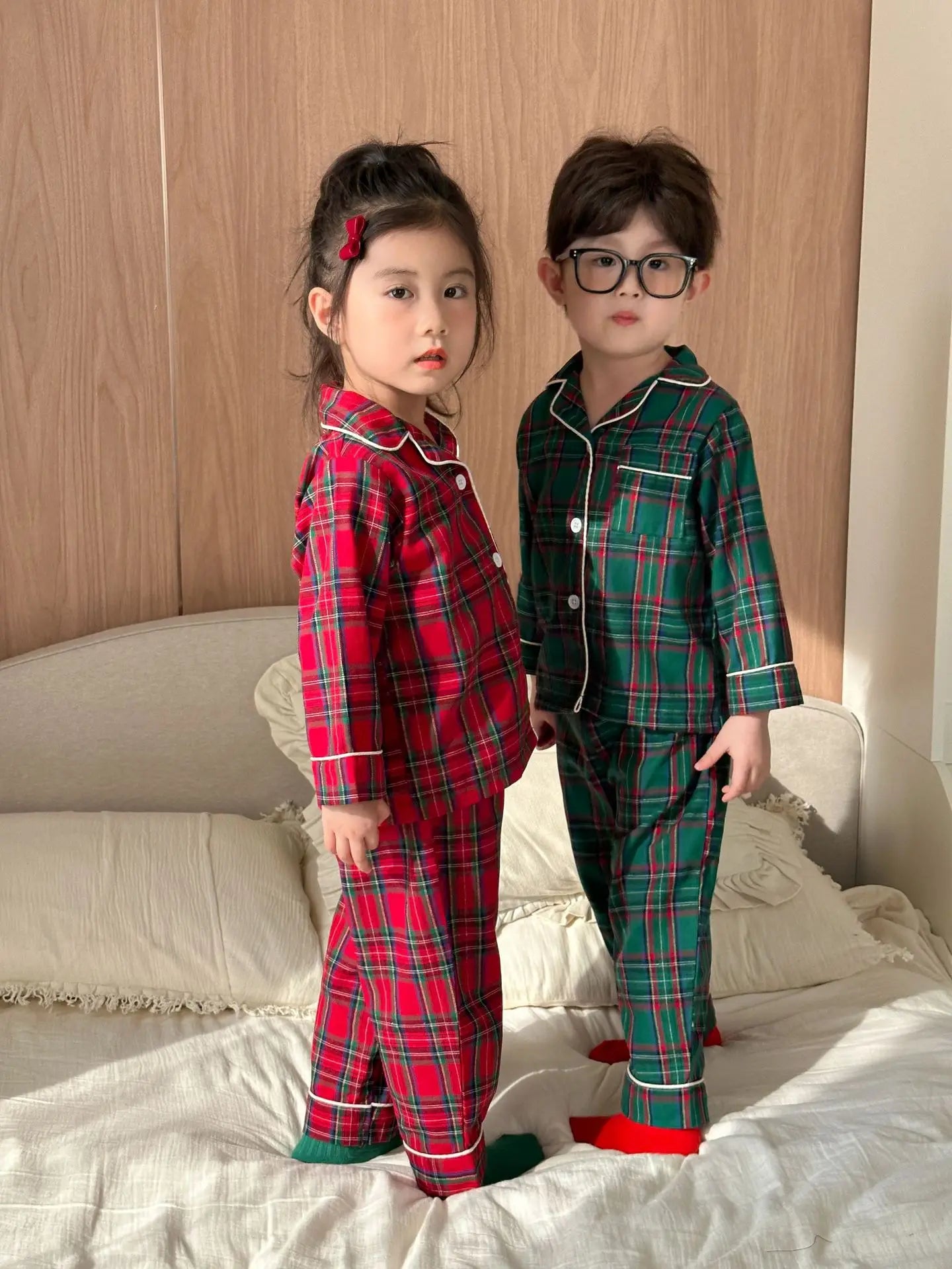2025 New Christmas Children's Pajama Sets Plaid Print Clothing Set Button Full Sleeve 2 Pcs Suit Homewear Thin Pyjamas Xmas Look