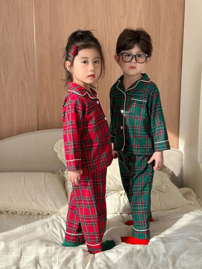 2025 New Christmas Children's Pajama Sets Plaid Print Clothing Set Button Full Sleeve 2 Pcs Suit Homewear Thin Pyjamas Xmas Look