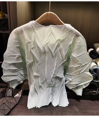 LANMREM New Batwing Sleeve Pleated Women's T-shirt American Style Loose Versatile Chic Round Collar Pullover Tops 2DB6558