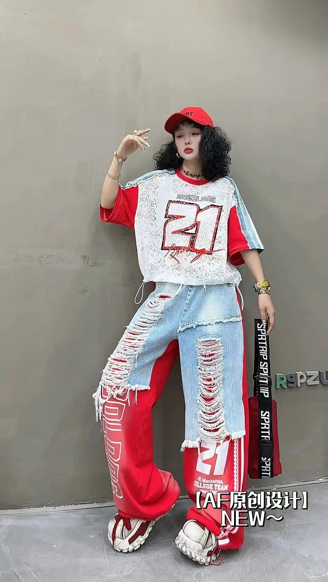 European Trend Suit Women's 2026 Summer New Printed Splicing Denim Ripped Loose Short-sleeved Straight Pants Tide