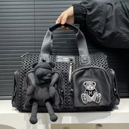 Ladies' fashionable mesh splicing casual handbag with multiple pockets, teddy bear doll, single shoulder diagonal cross bag