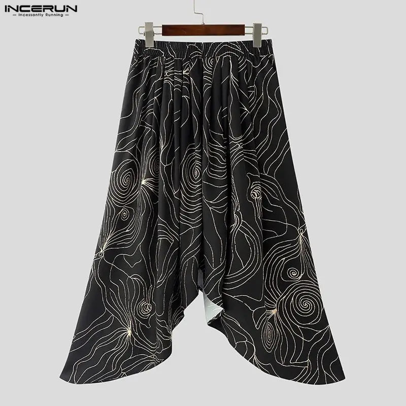 INCERUN Men Irregular Skirts Printing Elastic Waist Joggers Casual Wide Leg Trousers Men Streetwear Baggy 2026 Fashion Male Bott