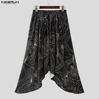 INCERUN Men Irregular Skirts Printing Elastic Waist Joggers Casual Wide Leg Trousers Men Streetwear Baggy 2026 Fashion Male Bott