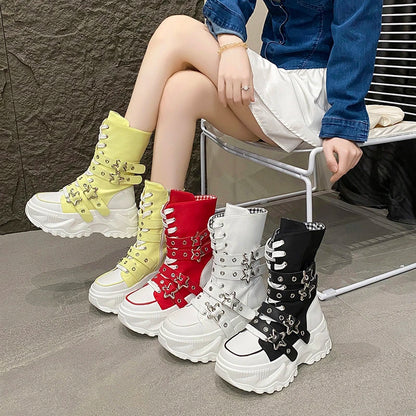 New Rock Platform Y2K Boots Women Summer 2026 Gothic Metal Star Belt Buckle Thick Sole Mid Calf Boots Woman Designer Punk Shoes