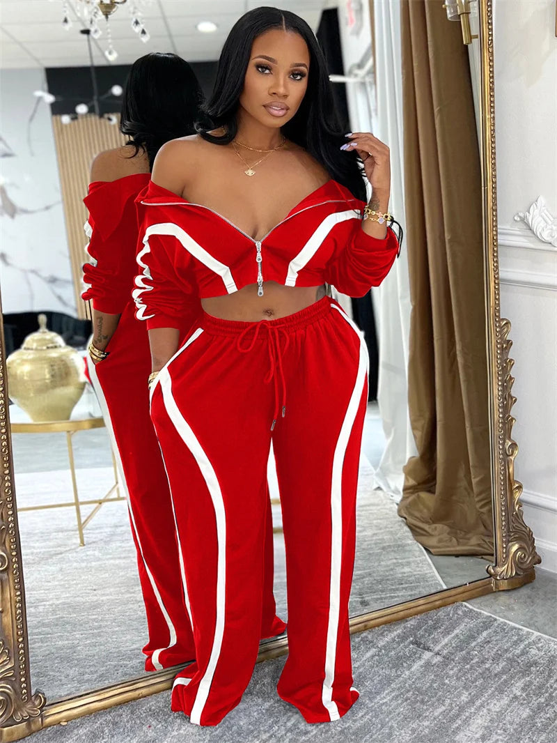 Doyerl Striped Casual Two Piece Set Woman Tracksuit Sports Joggers Zip Long Sleeve Jacket and Sweatpants Matching Sets Outfits