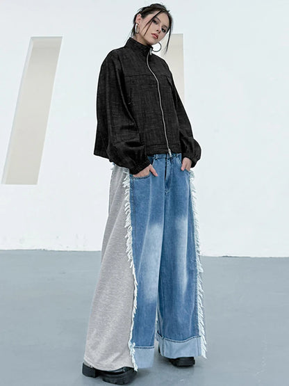 NYFS Europe United States Patchwork Loose plus Size Women's Jeans Elastic Waist Trousers Autumn Fashion Denim Wide-leg pants