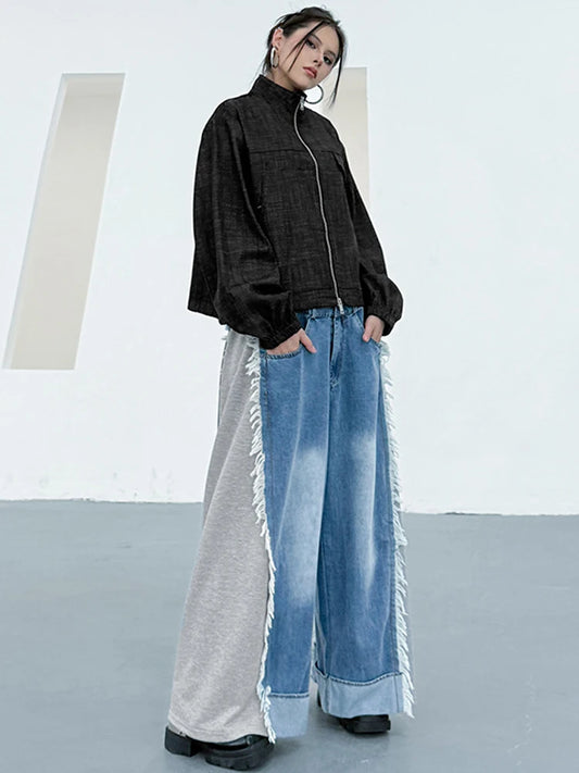 NYFS Europe United States Patchwork Loose plus Size Women's Jeans Elastic Waist Trousers Autumn Fashion Denim Wide-leg pants