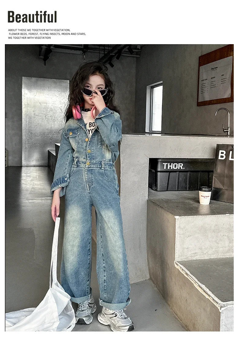 2025 Spring teen Kids girl Denim Jumpsuits Long Sleeve Overalls Children Fashion Jeans Loose Trousers Korean junior Girls Outfit