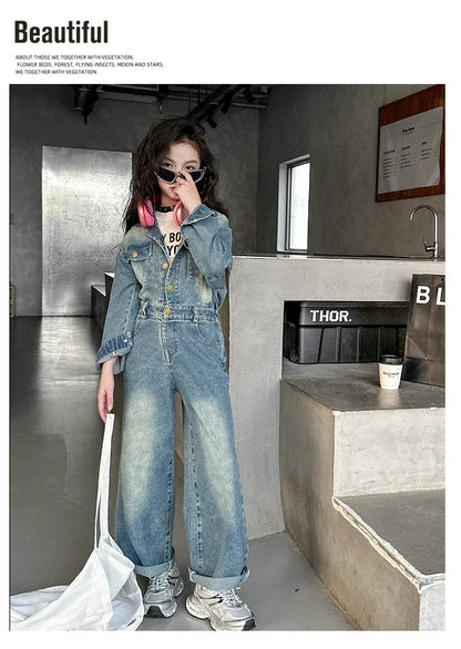 2025 Spring teen Kids girl Denim Jumpsuits Long Sleeve Overalls Children Fashion Jeans Loose Trousers Korean junior Girls Outfit