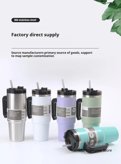 Stainless Steel Car Thermos Bottle Travel Sports Water Bottle Large Capacity with Handle Straw Mug Outdoor Coffee Cup 20oz/30oz
