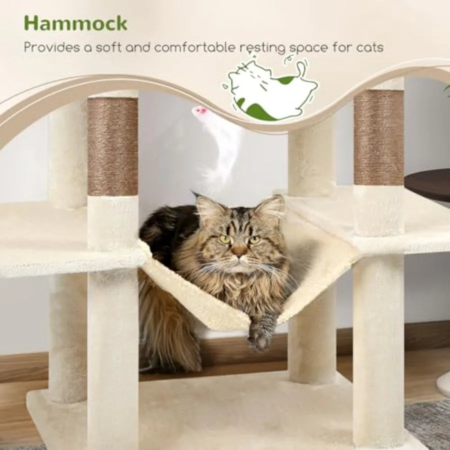 76-Inch Extra Tall Cat Tree Tower with Cozy Condos Hammock and Perches for Adult Cats Beige Multi-Level Furniture for Climbing