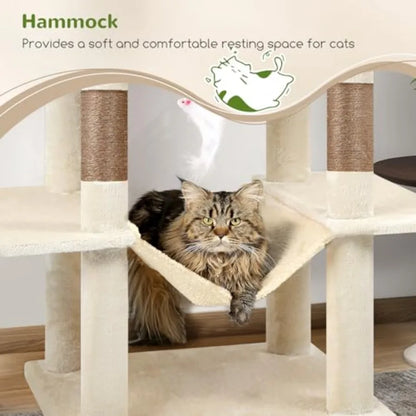 76-Inch Extra Tall Cat Tree Tower with Cozy Condos Hammock and Perches for Adult Cats Beige Multi-Level Furniture for Climbing
