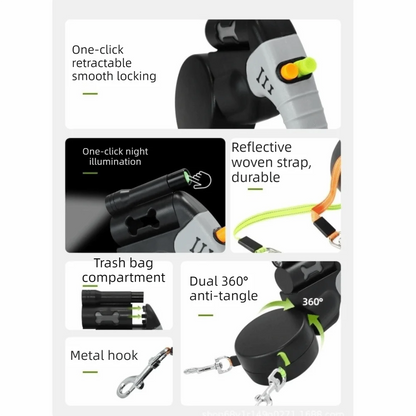 Rope Retractable 3M Dog Leash 360 Rotatable Reflective Double Dog Walking Leash with Lights Automatic Double Dog Leash