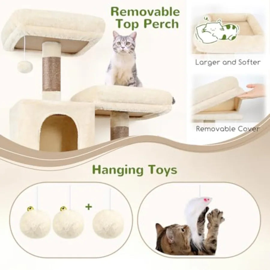 76-Inch Extra Tall Cat Tree Tower with Cozy Condos Hammock and Perches for Adult Cats Beige Multi-Level Furniture for Climbing